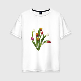 Женская футболка хлопок Oversize с принтом Букет разноцветных тюльпанов в Новосибирске, 100% хлопок | свободный крой, круглый ворот, спущенный рукав, длина до линии бедер
 | букет | иллюстрации | лето | популярные | тренды | тюльпаны | цветы
