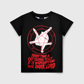 Детская футболка 3D с принтом КОТ САТАНЫ в Новосибирске, 100% гипоаллергенный полиэфир | прямой крой, круглый вырез горловины, длина до линии бедер, чуть спущенное плечо, ткань немного тянется | blood | cat | dark | devil | evil | lord | satan | дьявол | зло | кот | котик | котэ | лорд | пентаграмма | пушистый | сатана | темный