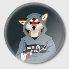 Значок с принтом Furry fox в Новосибирске,  металл | круглая форма, металлическая застежка в виде булавки | furry | furry fox | антропоморфное животное | животные | зверь | капюшон | кофе | лиса | фурри | человек