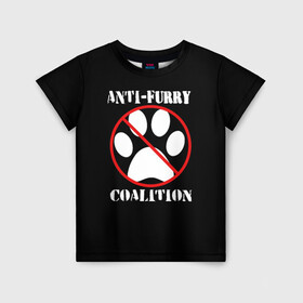 Детская футболка 3D с принтом Anti-Furry coalition в Новосибирске, 100% гипоаллергенный полиэфир | прямой крой, круглый вырез горловины, длина до линии бедер, чуть спущенное плечо, ткань немного тянется | Тематика изображения на принте: anti furry | coalition | furry | антифурри | антропоморфные животные | запрет | зверь | знак | коалиция | фурри | человек животные