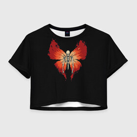 Женская футболка Crop-top 3D с принтом Butterfly Skeleton в Новосибирске, 100% полиэстер | круглая горловина, длина футболки до линии талии, рукава с отворотами | Тематика изображения на принте: bones | butterfly | chitin | fire | flame | orange | red | ribs | ridge | skeleton | skull | wings | бабочка | кости | красный | крылья | огонь | оранжевый | пламя | ребра | скелет | хитин | хребет | череп