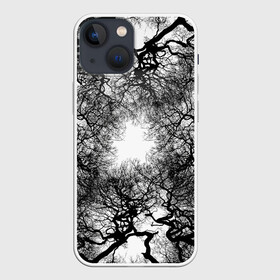 Чехол для iPhone 13 mini с принтом Texture Branches в Новосибирске,  |  | Тематика изображения на принте: abstraction | black | branches | bushes | forest | grove | lines | negative | patterns | shrubs | thickets | trees | white | абстракция | белое | ветви | ветки | деревья | заросли | кустарники | кусты | лес | линии | негатив | роща | узоры | черное