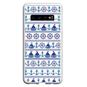 Чехол для Samsung Galaxy S10 с принтом Морские мотивы в Новосибирске, Силикон | Область печати: задняя сторона чехла, без боковых панелей | Тематика изображения на принте: ships | корабли | кораблики | море | морские | морское | руль | штурвал | якорь