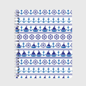 Тетрадь с принтом Морские мотивы в Новосибирске, 100% бумага | 48 листов, плотность листов — 60 г/м2, плотность картонной обложки — 250 г/м2. Листы скреплены сбоку удобной пружинной спиралью. Уголки страниц и обложки скругленные. Цвет линий — светло-серый
 | Тематика изображения на принте: ships | корабли | кораблики | море | морские | морское | руль | штурвал | якорь