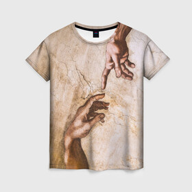 Женская футболка 3D с принтом Микеланджело сотворение Адама в Новосибирске, 100% полиэфир ( синтетическое хлопкоподобное полотно) | прямой крой, круглый вырез горловины, длина до линии бедер | адам | бог | картина | картина микеланджело | микеланджело | микелянджело | рука адама | рука бога | скульптор | скульптор микеланджело | сотворение адама