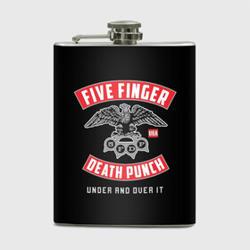 Фляга с принтом Five Finger Death Punch (5FDP) в Новосибирске, металлический корпус | емкость 0,22 л, размер 125 х 94 мм. Виниловая наклейка запечатывается полностью | Тематика изображения на принте: 5fdp | america | death | ffdp | finger | five | hard | metal | music | punch | rock | skull | states | united | usa | америка | метал | музыка | рок | сша | хард | череп