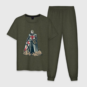 Мужская пижама хлопок с принтом Настоящий Рыцарь Крестоносец в Новосибирске, 100% хлопок | брюки и футболка прямого кроя, без карманов, на брюках мягкая резинка на поясе и по низу штанин
 | Тематика изображения на принте: armor | arms | art | crusade | crusader | knight | medieval | sword | tampliet | templar | warrior | армор | армс | арт | воин | доспехи | кольчуга | крест тамплиеров | крестоносец | меч | рыцарский орден | средневековье | 