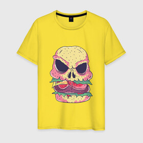 Мужская футболка хлопок с принтом Череп Бургер Skull Burger в Новосибирске, 100% хлопок | прямой крой, круглый вырез горловины, длина до линии бедер, слегка спущенное плечо. | Тематика изображения на принте: 100 эко | big daddy | boomer | fashion man | hipster | hipster merch | old school | real man | skulls | vintage | wild beast | бумер | винтаж | гамбургер | еда | фастфуд | хипстер | хипстер мерч | хипстерский череп | черепа | чизбургер