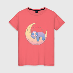 Женская футболка хлопок с принтом Ленивец на луне Sloth on Moon в Новосибирске, 100% хлопок | прямой крой, круглый вырез горловины, длина до линии бедер, слегка спущенное плечо | art | cute sloth | dream | dreaming | half moon | halfmoon | moon | nap | napping | sleep | sleeping | stars | арт | звёздочки | звёзды | иллюстрация | ленивцы | мерч | месяц | милый ленивец | полумесяц | рисунок | смешной ленивец | сон | спи