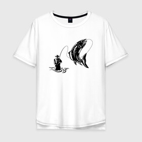 Мужская футболка хлопок Oversize с принтом Рыбак и рыбка в Новосибирске, 100% хлопок | свободный крой, круглый ворот, “спинка” длиннее передней части | Тематика изображения на принте: fish | fishing | ловит рыбу | рыба | рыбак | рыбалка | рыбацкие | рыбачит | удочка