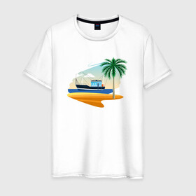 Мужская футболка хлопок с принтом Яхта и пляж в Новосибирске, 100% хлопок | прямой крой, круглый вырез горловины, длина до линии бедер, слегка спущенное плечо. | Тематика изображения на принте: корабль | море | морское | пальма | пляж | судно | яхта | яхты