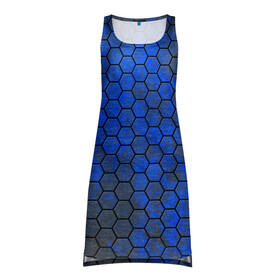 Платье-майка 3D с принтом Синие Соты в Новосибирске, 100% полиэстер | полуприлегающий силуэт, широкие бретели, круглый вырез горловины, удлиненный подол сзади. | hexagons | honeycombs | metal | соты | шестиугольники