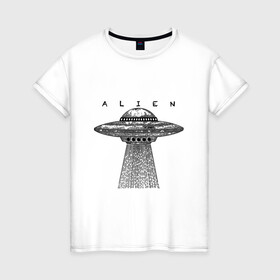Женская футболка хлопок с принтом Alien в Новосибирске, 100% хлопок | прямой крой, круглый вырез горловины, длина до линии бедер, слегка спущенное плечо | гравюра | графика | инопланетный корабль | космический корабль | космос | летающая тарелка | пришельцы | чёрно белый