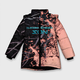 Зимняя куртка для девочек 3D с принтом MGR - Nanomachines Son в Новосибирске, ткань верха — 100% полиэстер; подклад — 100% полиэстер, утеплитель — 100% полиэстер. | длина ниже бедра, удлиненная спинка, воротник стойка и отстегивающийся капюшон. Есть боковые карманы с листочкой на кнопках, утяжки по низу изделия и внутренний карман на молнии. 

Предусмотрены светоотражающий принт на спинке, радужный светоотражающий элемент на пуллере молнии и на резинке для утяжки. | armstrong | metal gear | metal gear rising | metal gear solid | mgr | mgs | nanomachines | nanomachines son | raiden | snake | steven armstrong | армстронг | мгр | мгс | метал гир | метал гир райзен | наномашины | наномашины сынок | райден