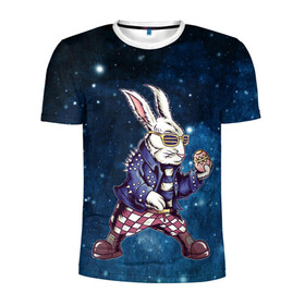 Мужская футболка 3D спортивная с принтом Пасхальный кроль в Новосибирске, 100% полиэстер с улучшенными характеристиками | приталенный силуэт, круглая горловина, широкие плечи, сужается к линии бедра | Тематика изображения на принте: арт | графика | животные | заяц | звери | кролик | пасха | рокер | яйцо