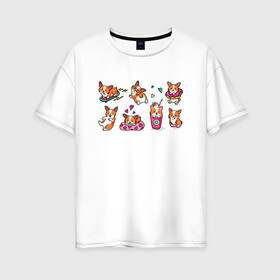 Женская футболка хлопок Oversize с принтом Плюшевый корги в Новосибирске, 100% хлопок | свободный крой, круглый ворот, спущенный рукав, длина до линии бедер
 | dogs | корги | маленькие собаки | пёс | собака | стикеры