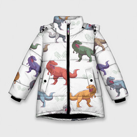 Зимняя куртка для девочек 3D с принтом Разноцветные тираннозавры  в Новосибирске, ткань верха — 100% полиэстер; подклад — 100% полиэстер, утеплитель — 100% полиэстер. | длина ниже бедра, удлиненная спинка, воротник стойка и отстегивающийся капюшон. Есть боковые карманы с листочкой на кнопках, утяжки по низу изделия и внутренний карман на молнии. 

Предусмотрены светоотражающий принт на спинке, радужный светоотражающий элемент на пуллере молнии и на резинке для утяжки. | Тематика изображения на принте: art | dino | dinosaur | dinosaurus | pattern | t rex | t rex merch | арт | детский рисунок | динозавр | динозавр мерч | динозаврики | иллюстрация | паттерн | рекс | рисунок динозавра | страшные динозавры | т рекс | тираннозавр
