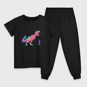 Детская пижама хлопок с принтом Динозавр на поводке в Новосибирске, 100% хлопок |  брюки и футболка прямого кроя, без карманов, на брюках мягкая резинка на поясе и по низу штанин
 | art | dino | dinosaur | dinosaurus | neon | roar | t rex | t rex merch | арт | детский рисунок | динозавр мерч | иллюстрация | неон | рекс | рисунок динозавра | рычащий динозавр | страшные динозавры | т рекс | тираннозавр
