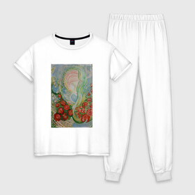 Женская пижама хлопок с принтом Девушка в розах в Новосибирске, 100% хлопок | брюки и футболка прямого кроя, без карманов, на брюках мягкая резинка на поясе и по низу штанин | ангелы | девушка | душа | картина | лето | птицы | розы | цветы
