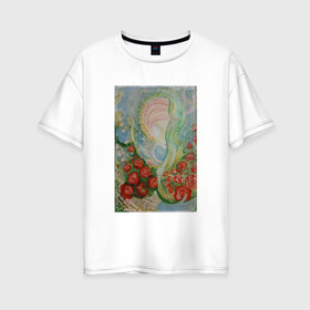 Женская футболка хлопок Oversize с принтом Девушка в розах в Новосибирске, 100% хлопок | свободный крой, круглый ворот, спущенный рукав, длина до линии бедер
 | ангелы | девушка | душа | картина | лето | птицы | розы | цветы