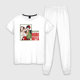 Женская пижама хлопок с принтом хоримия аниме в Новосибирске, 100% хлопок | брюки и футболка прямого кроя, без карманов, на брюках мягкая резинка на поясе и по низу штанин | anime | horimiya | kawaii | manga | shoujo | shoujomanga | аниме | манга | хоримия