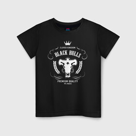 Детская футболка хлопок с принтом Чёрные быки белое лого в Новосибирске, 100% хлопок | круглый вырез горловины, полуприлегающий силуэт, длина до линии бедер | asta | black bulls | black clover | quartet knights | yuno | акума | аниме | аста | блэк кловер | буракку куро:ба | демон | королевство клевера | король магов | лихт | магна | манга | пятилистник | черный бык | чёрный клев