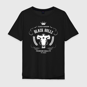 Мужская футболка хлопок Oversize с принтом Чёрные быки белое лого в Новосибирске, 100% хлопок | свободный крой, круглый ворот, “спинка” длиннее передней части | asta | black bulls | black clover | quartet knights | yuno | акума | аниме | аста | блэк кловер | буракку куро:ба | демон | королевство клевера | король магов | лихт | магна | манга | пятилистник | черный бык | чёрный клев
