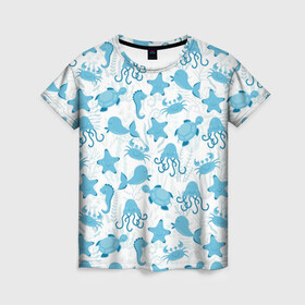 Женская футболка 3D с принтом Морские жители в Новосибирске, 100% полиэфир ( синтетическое хлопкоподобное полотно) | прямой крой, круглый вырез горловины, длина до линии бедер | dolphin | дельфин | краб | море | морская звезда | морские | морской конек | осьминог | с дельфином | черепаха