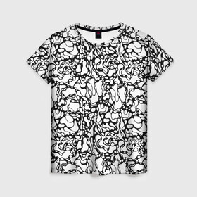 Женская футболка 3D с принтом Абстрактная жидкость в Новосибирске, 100% полиэфир ( синтетическое хлопкоподобное полотно) | прямой крой, круглый вырез горловины, длина до линии бедер | абстрактный | вода | геометрический | геометрия | дырки | жидкость | нейрографика | петли | плазма | пузыри | пятна | черно белый