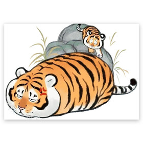 Поздравительная открытка с принтом Дикая семейка в Новосибирске, 100% бумага | плотность бумаги 280 г/м2, матовая, на обратной стороне линовка и место для марки
 | арт | бамбук | камень | камни | рисунок | семья больших котиков | семья котиков | тигр | тигрёнок | тигриная семейка | тигриная семья | тигры