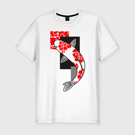 Мужская футболка хлопок Slim с принтом Карп кои с японским узором в Новосибирске, 92% хлопок, 8% лайкра | приталенный силуэт, круглый вырез ворота, длина до линии бедра, короткий рукав | carp | fish | japan | koi | карп | карп кои | пион | рыба | узор | япония
