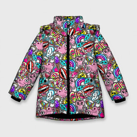 Зимняя куртка для девочек 3D с принтом сумасшедший стикербомб в Новосибирске, ткань верха — 100% полиэстер; подклад — 100% полиэстер, утеплитель — 100% полиэстер. | длина ниже бедра, удлиненная спинка, воротник стойка и отстегивающийся капюшон. Есть боковые карманы с листочкой на кнопках, утяжки по низу изделия и внутренний карман на молнии. 

Предусмотрены светоотражающий принт на спинке, радужный светоотражающий элемент на пуллере молнии и на резинке для утяжки. | crazy | абстракция | наклейки | паттерн | стикеры | сумасшедший стикербомб | текстуры