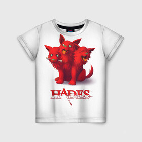 Детская футболка 3D с принтом Hades wolf в Новосибирске, 100% гипоаллергенный полиэфир | прямой крой, круглый вырез горловины, длина до линии бедер, чуть спущенное плечо, ткань немного тянется | Тематика изображения на принте: hades | puppy | red | roguelike | three headed | wolf | бесконечные круги ада | волк | компьютерная игра | красный | трехглавый | щенок