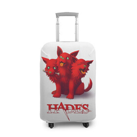 Чехол для чемодана 3D с принтом Hades wolf в Новосибирске, 86% полиэфир, 14% спандекс | двустороннее нанесение принта, прорези для ручек и колес | hades | puppy | red | roguelike | three headed | wolf | бесконечные круги ада | волк | компьютерная игра | красный | трехглавый | щенок