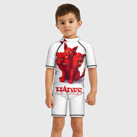 Детский купальный костюм 3D с принтом Hades wolf в Новосибирске, Полиэстер 85%, Спандекс 15% | застежка на молнии на спине | hades | puppy | red | roguelike | three headed | wolf | бесконечные круги ада | волк | компьютерная игра | красный | трехглавый | щенок