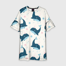 Детское платье 3D с принтом Киты в Новосибирске, 100% полиэстер | прямой силуэт, чуть расширенный к низу. Круглая горловина, на рукавах — воланы | Тематика изображения на принте: whale | белый кит | кит | киты | корабли | кораблики | маяк | морские | паттерн | синий кит | чайки