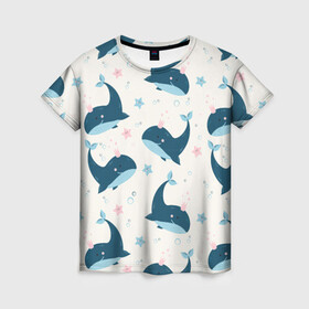 Женская футболка 3D с принтом Киты в Новосибирске, 100% полиэфир ( синтетическое хлопкоподобное полотно) | прямой крой, круглый вырез горловины, длина до линии бедер | whale | белый кит | кит | киты | корабли | кораблики | маяк | морские | паттерн | синий кит | чайки