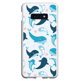 Чехол для Samsung S10E с принтом Киты и тюлени в Новосибирске, Силикон | Область печати: задняя сторона чехла, без боковых панелей | whale | белый кит | кит | киты | корабли | кораблики | маяк | морские | паттерн | синий кит | чайки