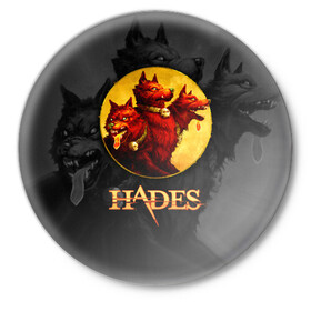Значок с принтом Hades wolf в Новосибирске,  металл | круглая форма, металлическая застежка в виде булавки | hades | roguelike | бесконечные круги ада | волк | компьютерная игра | красный | трехглавый