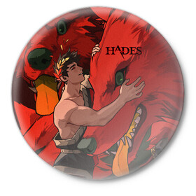 Значок с принтом Hades Zagreus в Новосибирске,  металл | круглая форма, металлическая застежка в виде булавки | Тематика изображения на принте: hades | roguelike | zagreus | бесконечные круги ада | бог | волк | загрей | компьютерная игра | красный | мифология | сын аида | трехглавый