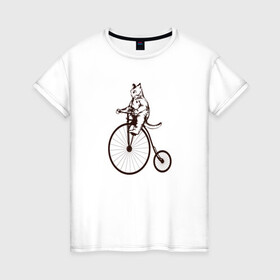Женская футболка хлопок с принтом Винтажный кот на велосипеде в Новосибирске, 100% хлопок | прямой крой, круглый вырез горловины, длина до линии бедер, слегка спущенное плечо | art | cat | circus | fat cat | grand b | kitten | kitty | penny farthing | pennyfarthing | retro | vintage | арт | велосипед с большим колесом | винтаж | винтажный рисунок | котик | кошка | пенни фартинг | пеннифартинг | ретро | толстый кот |