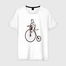 Мужская футболка хлопок с принтом Винтажный кот на велосипеде в Новосибирске, 100% хлопок | прямой крой, круглый вырез горловины, длина до линии бедер, слегка спущенное плечо. | art | cat | circus | fat cat | grand b | kitten | kitty | penny farthing | pennyfarthing | retro | vintage | арт | велосипед с большим колесом | винтаж | винтажный рисунок | котик | кошка | пенни фартинг | пеннифартинг | ретро | толстый кот |
