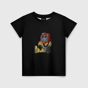 Детская футболка 3D с принтом Smiley Hazmat Rust в Новосибирске, 100% гипоаллергенный полиэфир | прямой крой, круглый вырез горловины, длина до линии бедер, чуть спущенное плечо, ткань немного тянется | adventure | fun | hazmat | rust | videogame | игра | костюм | позитив | раст | химзащита | химкостюм