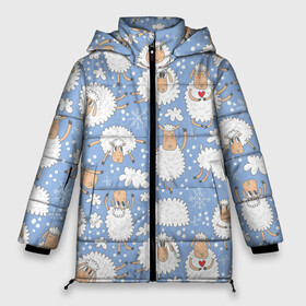 Женская зимняя куртка Oversize с принтом Счастливые овечки в Новосибирске, верх — 100% полиэстер; подкладка — 100% полиэстер; утеплитель — 100% полиэстер | длина ниже бедра, силуэт Оверсайз. Есть воротник-стойка, отстегивающийся капюшон и ветрозащитная планка. 

Боковые карманы с листочкой на кнопках и внутренний карман на молнии | Тематика изображения на принте: арт | белая | белая овца | белое животное | белые животные | белые овцы | овечка | овечки | овца | овцы | пушистая | пушистик | рисунок