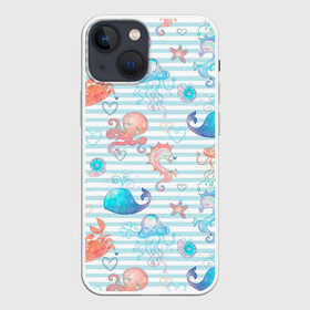 Чехол для iPhone 13 mini с принтом Морские жители в Новосибирске,  |  | whale | белый кит | звезда | кит | киты | конек | краб | медуза | морские | осьминог | паттерн | синий кит