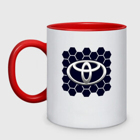 Кружка двухцветная с принтом Toyota - Honeycomb в Новосибирске, керамика | объем — 330 мл, диаметр — 80 мм. Цветная ручка и кайма сверху, в некоторых цветах — вся внутренняя часть | auto | camry | corolla | cruiser | land | logo | moto | rav | supra | toyota | авенсис | авто | автомобиль | камри | королла | крузер | ленд | лого | логотип | логотипы | марка | мото | рав | символ | соты | тойота | шильдик
