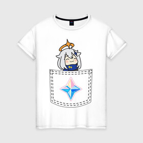 Женская футболка хлопок с принтом Pocket Paimon в Новосибирске, 100% хлопок | прямой крой, круглый вырез горловины, длина до линии бедер, слегка спущенное плечо | anime | genshin | impact | paimon | primogem | аниме | геншин | импакт | истока | камень | паймон
