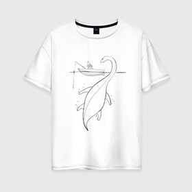 Женская футболка хлопок Oversize с принтом Рыбак и Несси в Новосибирске, 100% хлопок | свободный крой, круглый ворот, спущенный рукав, длина до линии бедер
 | клёв | клюет | лодка | монстр | несси | озеро | рыба | рыбак | рыбалка | сон | удочка | чудовище