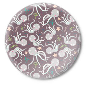 Значок с принтом Осьминоги в Новосибирске,  металл | круглая форма, металлическая застежка в виде булавки | Тематика изображения на принте: cute | octopus | милый | морское | осьминог | осьминожка | паттерн | тентакли | щупальца