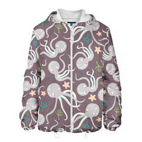 Мужская куртка 3D с принтом Осьминоги в Новосибирске, ткань верха — 100% полиэстер, подклад — флис | прямой крой, подол и капюшон оформлены резинкой с фиксаторами, два кармана без застежек по бокам, один большой потайной карман на груди. Карман на груди застегивается на липучку | cute | octopus | милый | морское | осьминог | осьминожка | паттерн | тентакли | щупальца